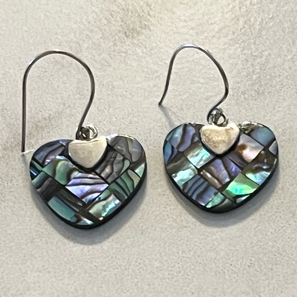 Abalone Shell Sterling Silver 925 Heart French Hook Earrings - Picture 12 of 13